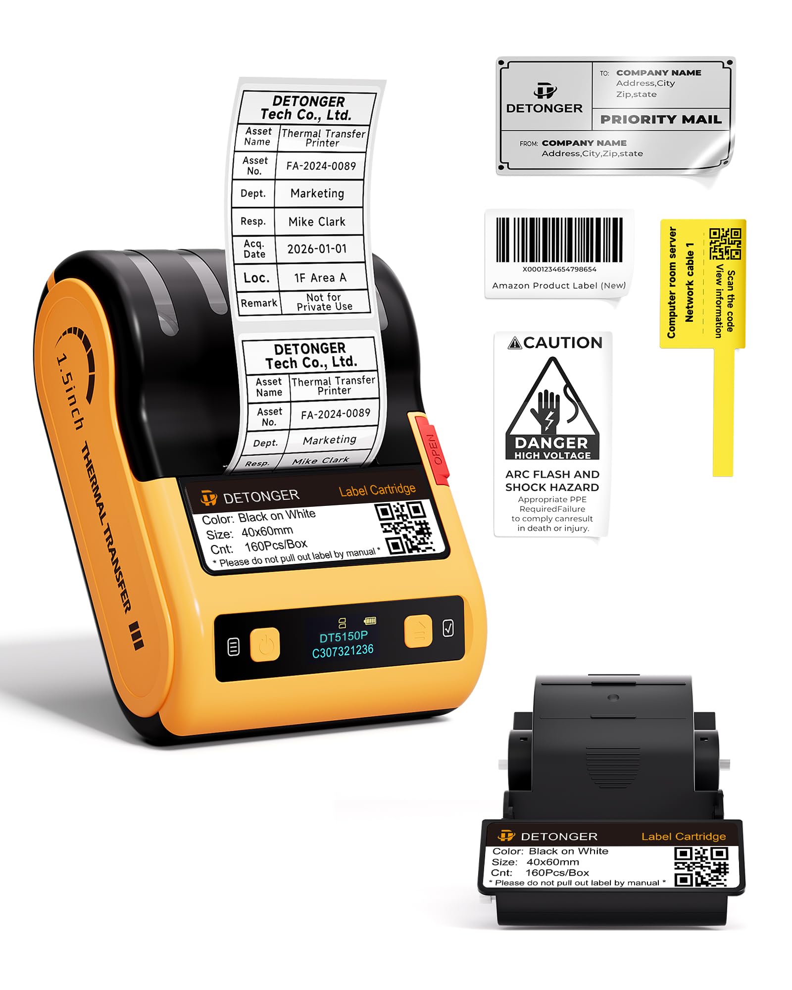 DETONGER DT5150P Industrial Colorfast Label Maker, Thermal Transfer Label Printer with 1.65" W Print Head, Heavy-Duty for Outdoor Direct Sunlight Job Sites, Mobile APP & PC Editor Compatible