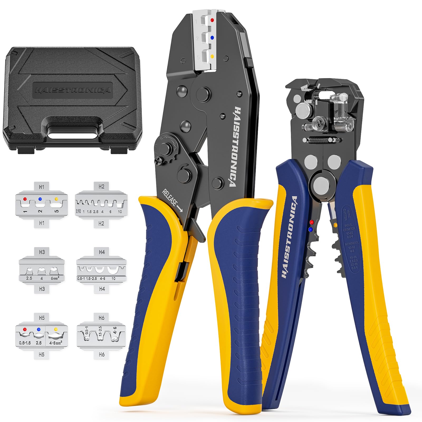 Photo 1 of haisstronica 6 in 1 Crimping Tool Kit and Wire Stripper, Ratcheting Wire Crimper with 6 PCS Interchangeable Dies for Heat Shrink,Non-Insulated,Ferrule,Open Barrel,Insulated Connectors, men tool gifts