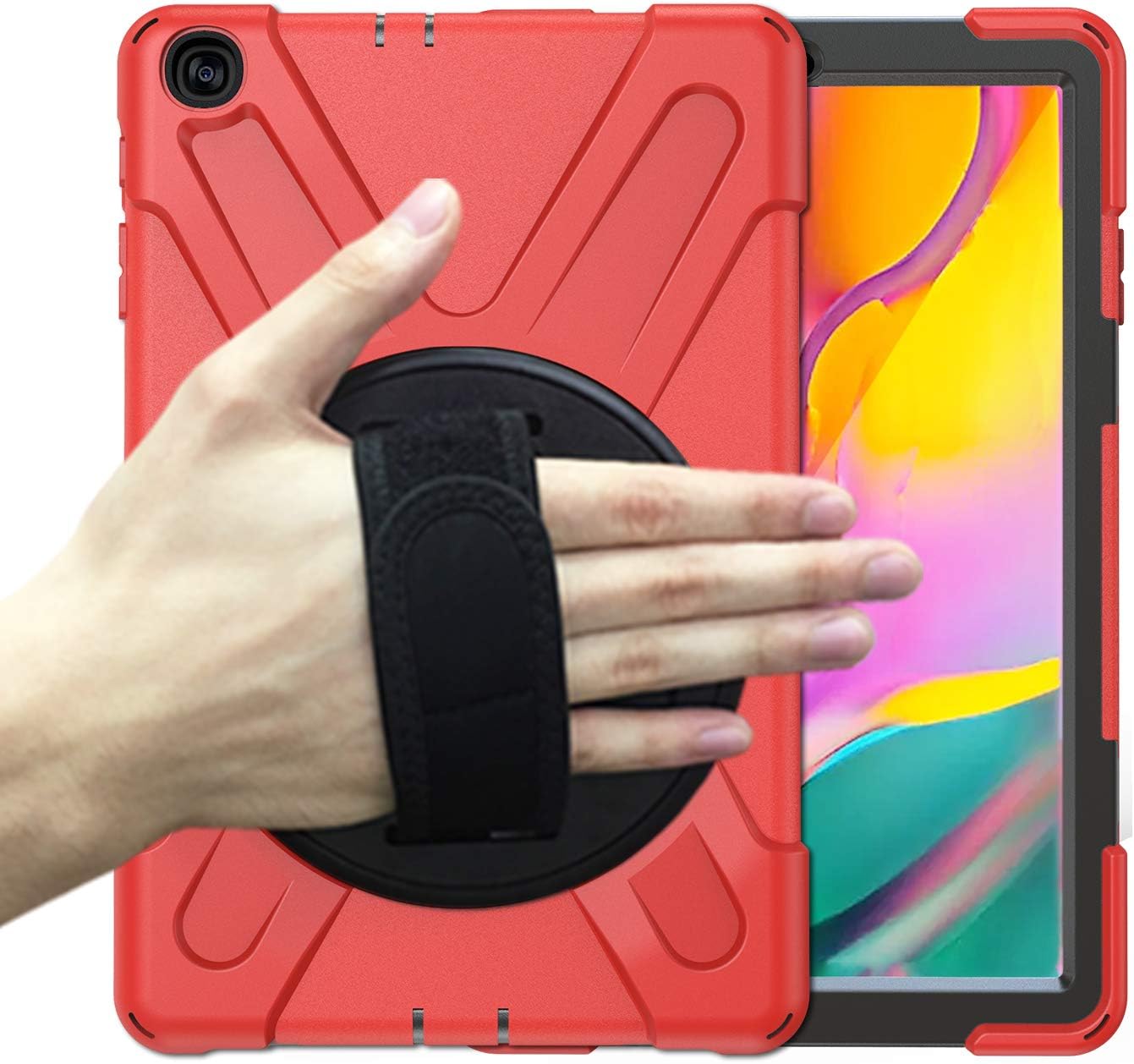 Case for Samsung Galaxy Tab A 2019 10.1 Inch SM-T510/T515,Useful Kickstand with 360 Degree Rotatable 3 Layer Hybrid Heavy Duty Shockproof Hand Strap and Shoulder Strap Design for T510 Tablet(Red)