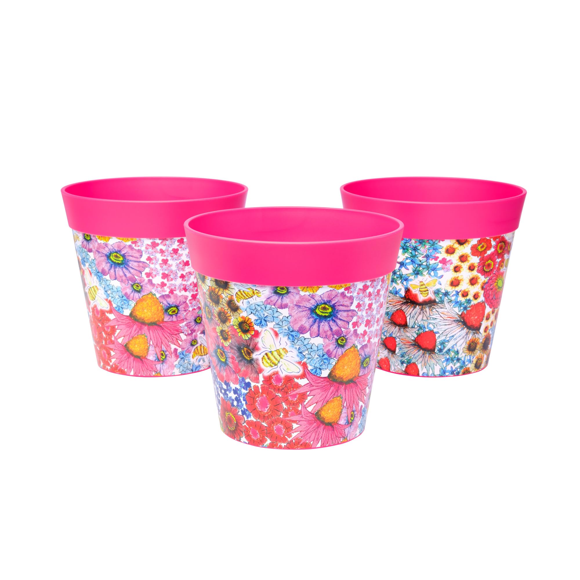 Hum Flowerpots, 15cm Set of 3, Various Patterns Colours and Sizes, Indoor/Outdoor Plastic Plant Pots, Pink Flowers and Bees