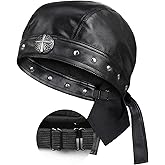 NTAWYT Leather Skull Cap - Adjustable Black Biker Skull Cap, Motorcycle Leather Hat Doo Rag Bandana