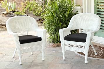 Amazon Com Jeco Wicker Chair With Black Cushion Set Of 2 White W00206 Furniture Decor