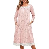 Bloggerlove 100% Cotton Nightgowns for Women Button Down Long Sleeve House Dress Lace Nightdress with Pockets