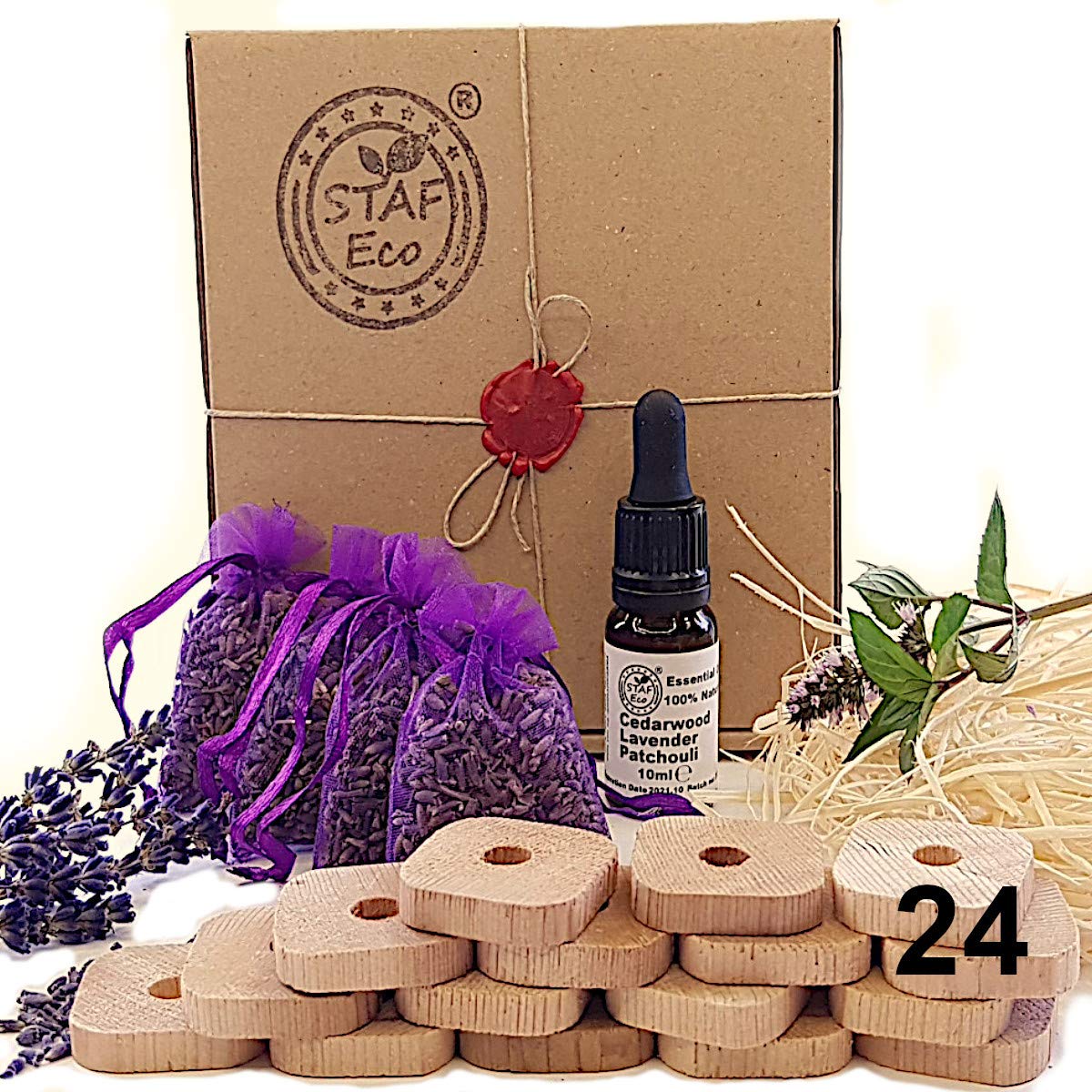 STAFECO Cedarwood Natural Moth Repellent Kit Cedar Wood Lavender Natural Oil 100% Rings Clothes Protection (Medium E)
