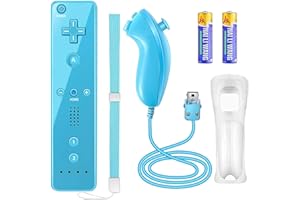 YOVONAZE Compatible with Nintendo Wii Controller, Wii Remote with Nunchuck and Nunchuck Controller with Silicone Case and Wrist Strap for Wii and Wii U, Included 2 AA Batteries (Blue)