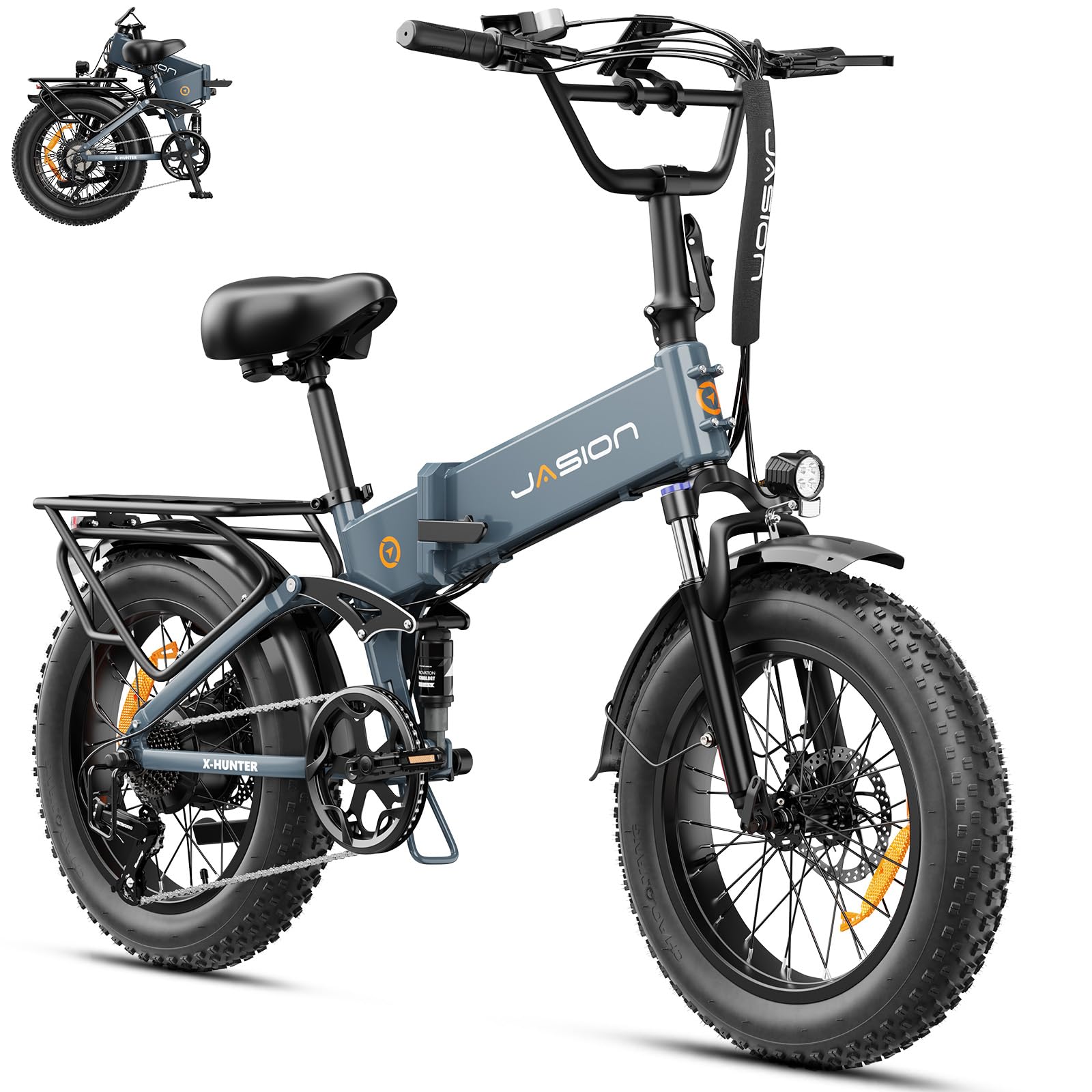 Jasion X-Hunter Electric Bike for Adults,1400W Peak Motor 70+ Miles 30MPH Foldable Ebike,624WH Removable Battery,20’’*4 Fat Tire Full Suspension Bicycle for Commute,Snow,Mountain with 7-Speed