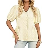 Cicy Bell Womens Peplum Puff Sleeve Tops Dressy Casual Summer Textured Blouses V Neck Ruffle Pleated Shirts