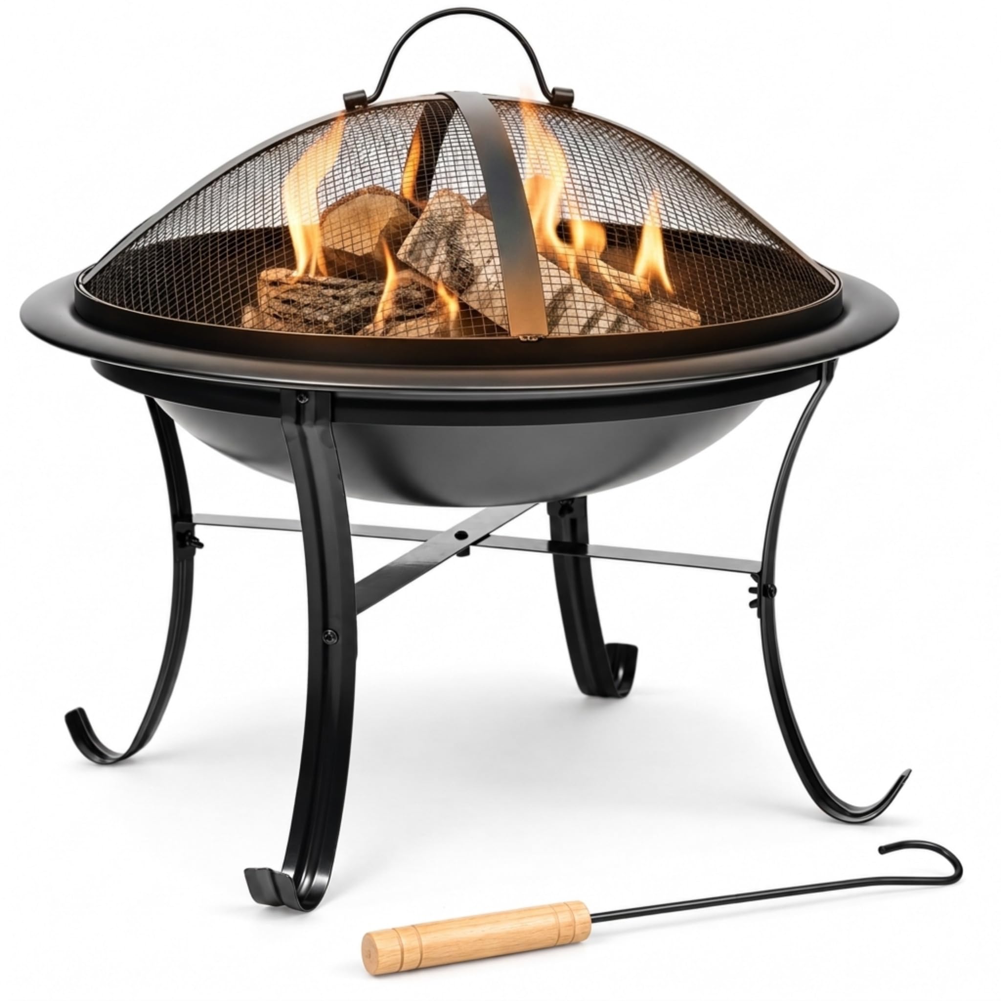Gas One 22 in Outdoor– Wood Burning Fire Pit with Mesh Lid and Fire Picker – Durable Alloy Steel Fire Pits for Outside – Small Fire Pit for Backyard, Porch, Deck, Camping, BBQ