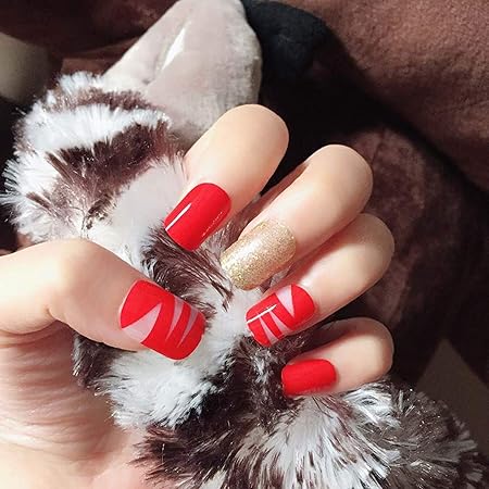 Amazon ヒントネイルゴージャスな女性ネイルアートツール24ピース セットレッドゴールドカラーフェイクネイルグルーショートフルネイルヒント ハイブリッドネイルスタイル11 Fostudork ビューティー 通販