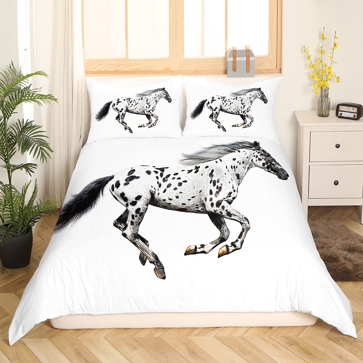 Loussiesd Horses Comforter Cover For Kid Boys Girls,Appaloosa Pony Animal Pattern White Taupe,Decorative 3 Pieces Bedding Set Super King Size(1 Duvet cover Set & 2 Pillow Shams),Zipper