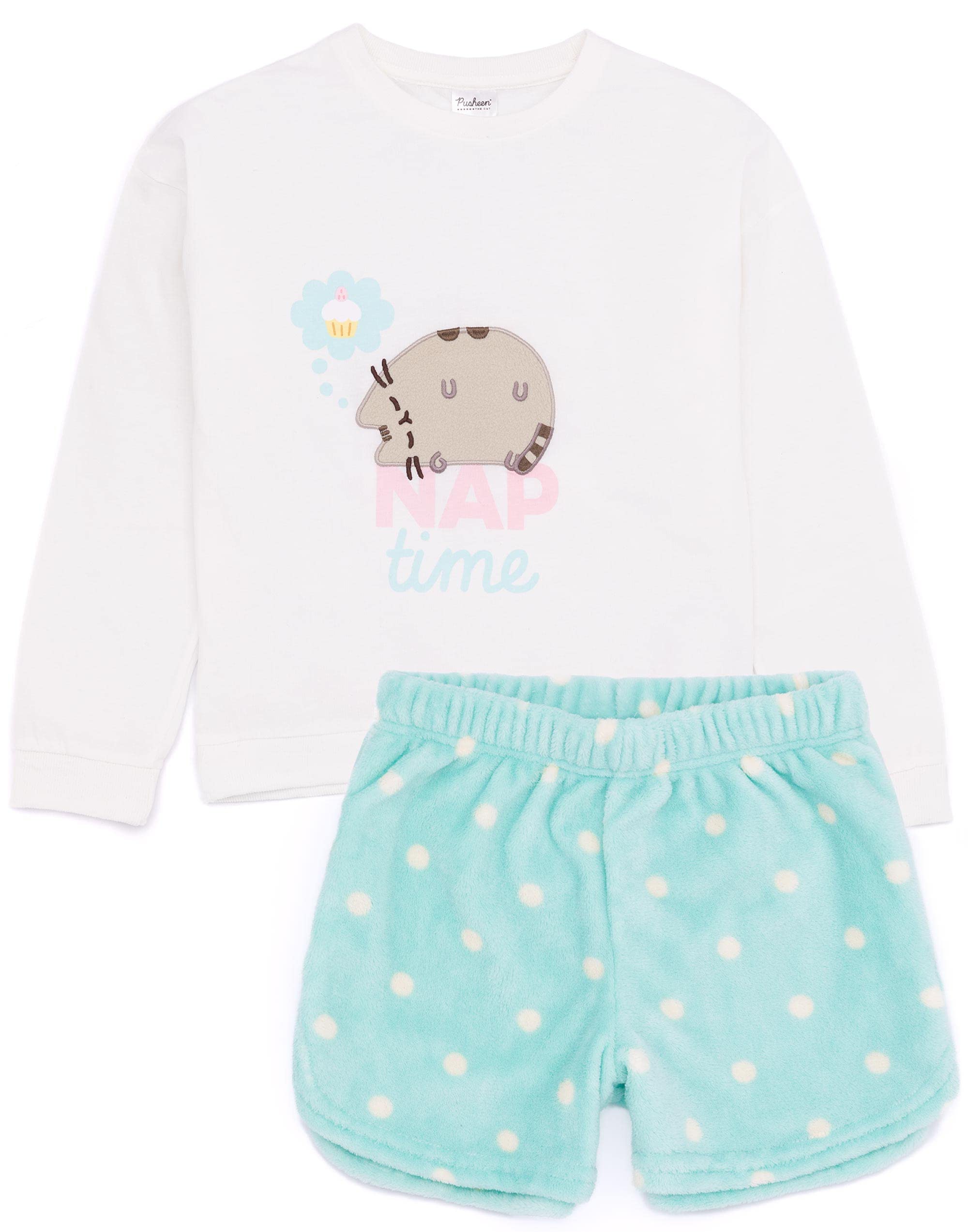 Pusheen Girls Pajama Set Kids White Green Loungewear T-Shirt