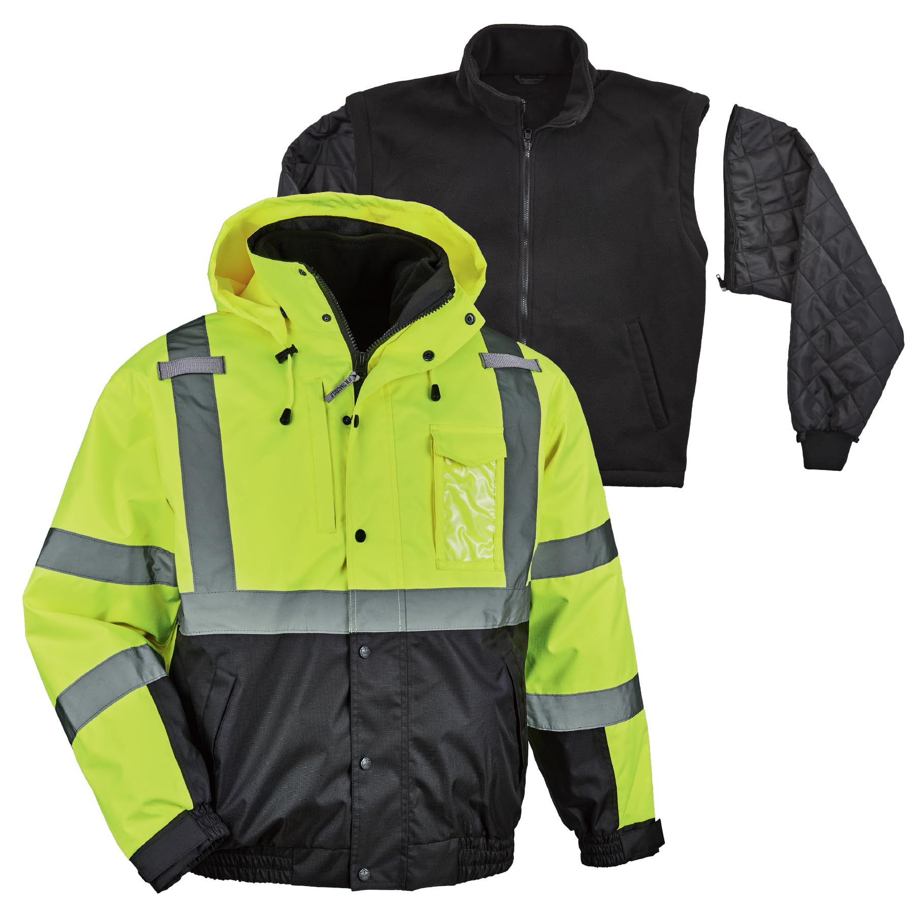 High Visibility Reflective Winter Bomber Jacket, Black Bottom, Zip Out Fleece Liner, ANSI Compliant, Ergodyne GloWear 8381 Image