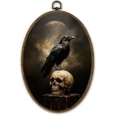 Yjeslw Vintage Gothic Skull Crow Oval Wall Art Decor, Dark Academia Black Raven Canvas Prints Framed, Moody Goth Bird Wall Hanging Decor for Home Bedroom Living Room, 8.6x11.4 Inches