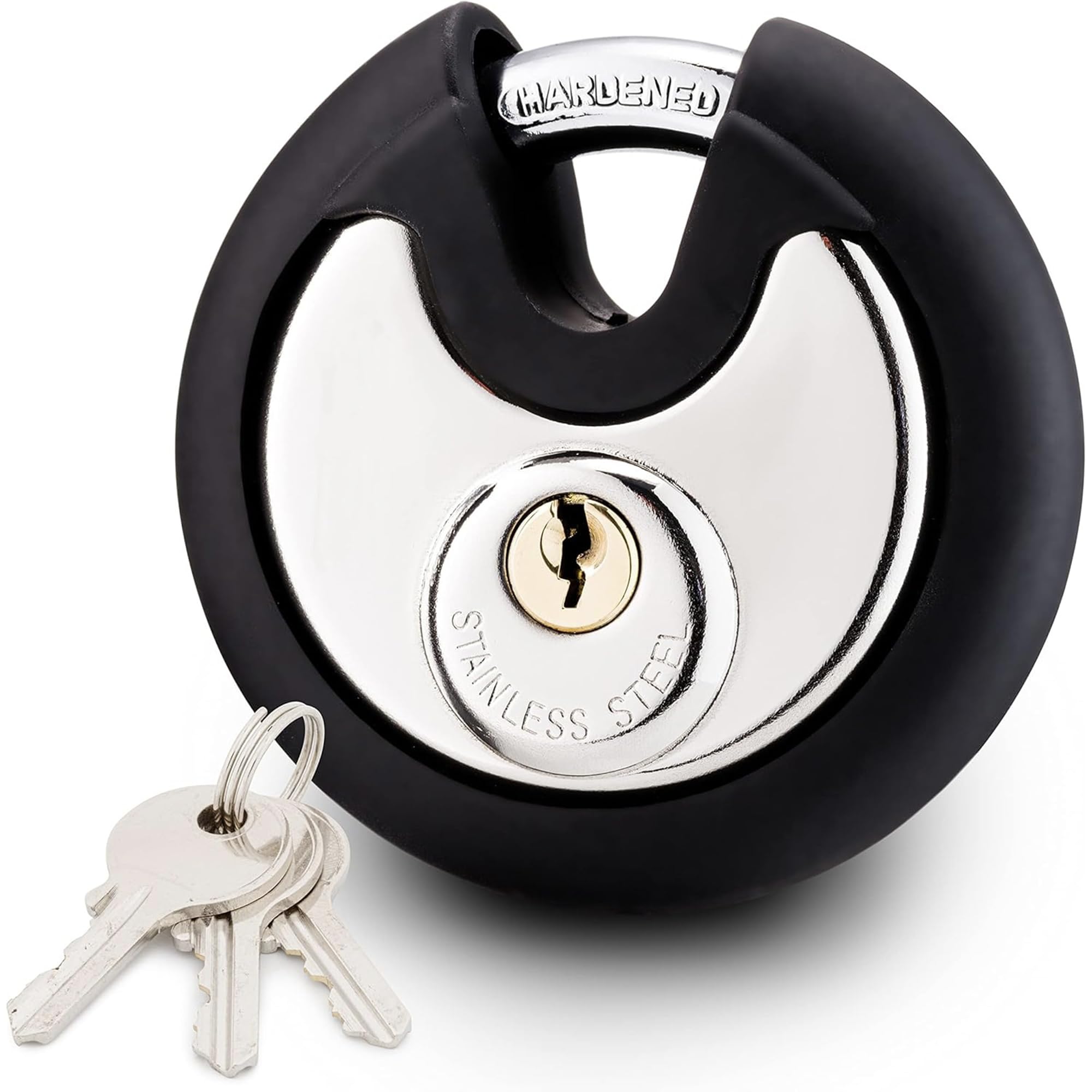 Satargo Heavy Duty Disc Padlock, 74mm Round Lock with Rubber Cover, Stainless Steel Body, Hardened Steel Shackle, 3 Keys, Weatherproof (1)