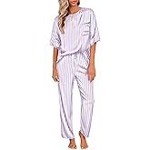 Ekouaer Womens Satin Silky Pajama Set Short Sleeve Shirt with Long Pajama Pant Set Soft PJ Loungewear