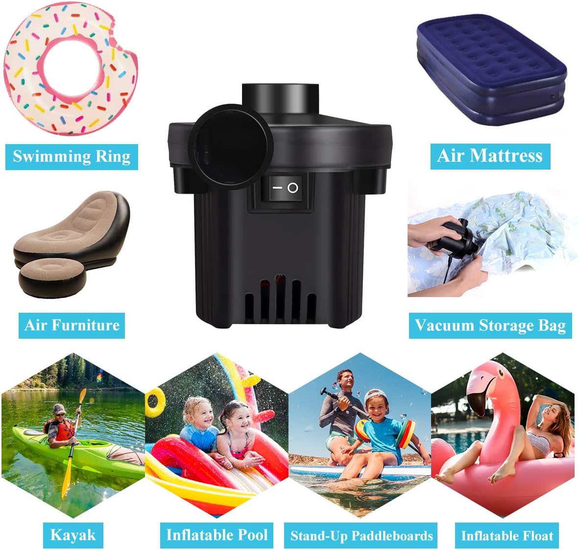 KXT Electric Air Pump, Portable Quick-Fill Pump for Air Bed, 110V AC / 12V DC, Inflator Deflator Pump, Perfect for Outdoor Camping, 3 Nozzles, Air Mattress, Pool Float, SUP: Sports & Outdoors