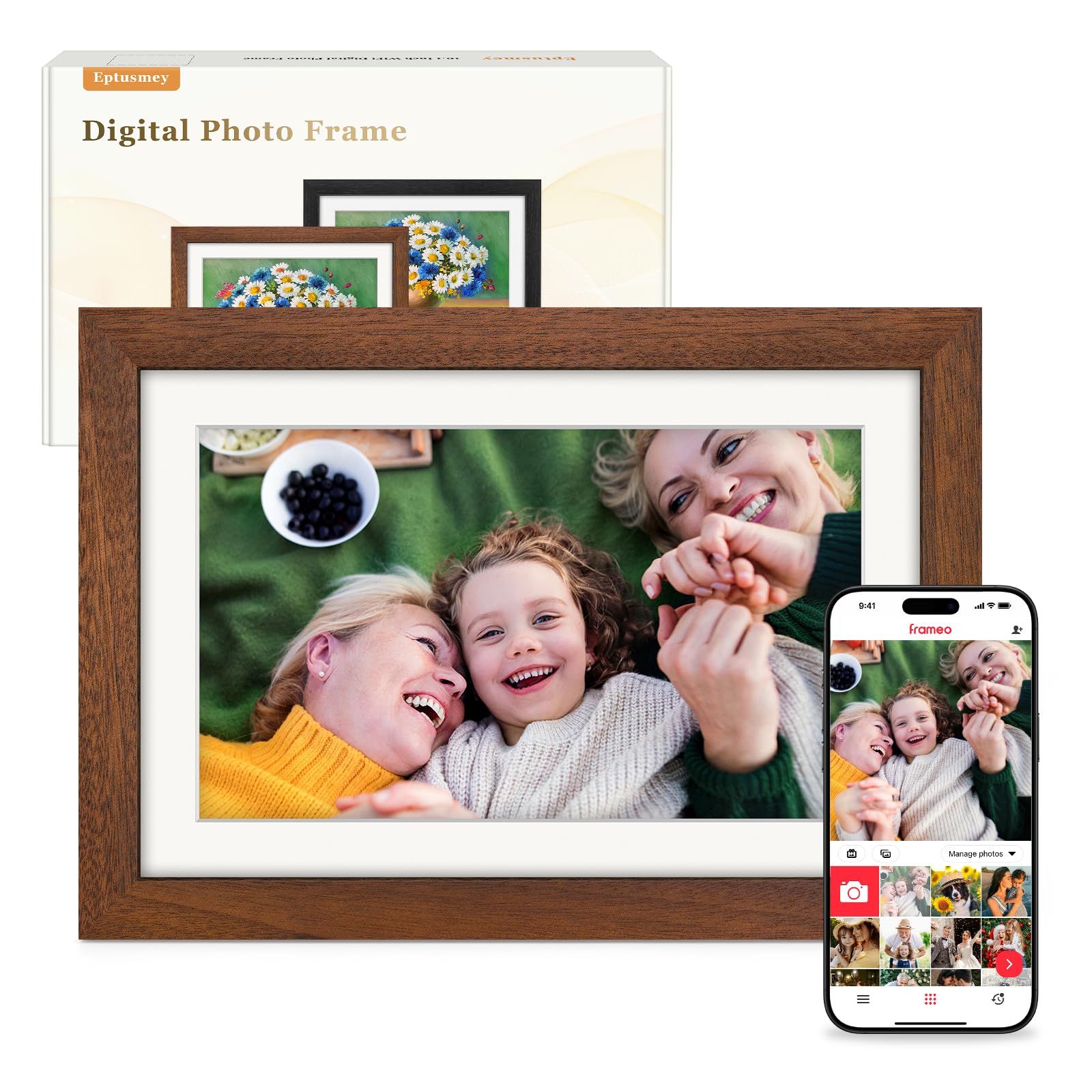 Frameo Digitaler Bilderrahmen WLAN 10.1 Zoll Walnussholz Elektronischer Bilderrahmen mit 32GB, 1280 * 800 HD IPS Touchscreen, Fotos/Videos Teilen über Frameo APP, Geschenk für Männer und Frauen