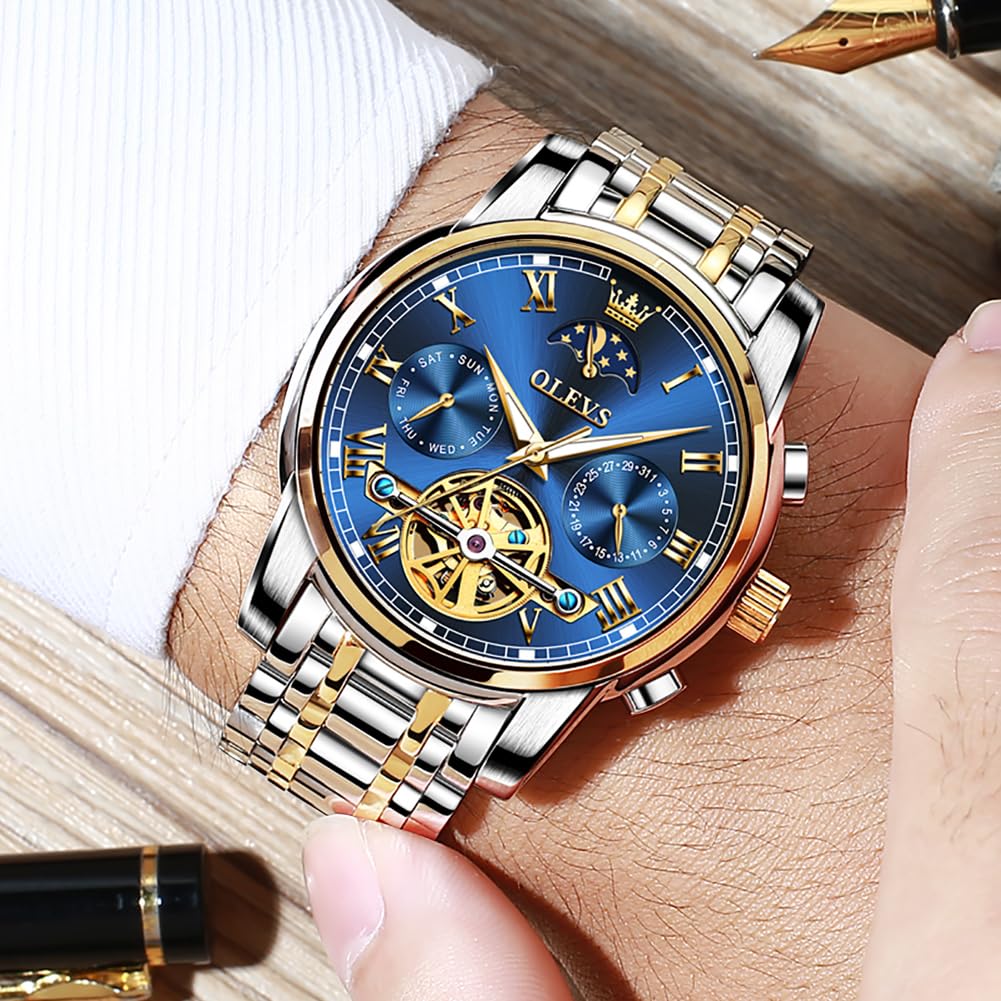 OLEVS Automatic Self-Winding Men's Watch With Date Day Calendar Display - Stainless Steel Skeleton Movement Tourbillon - No Battery Waterproof for Man