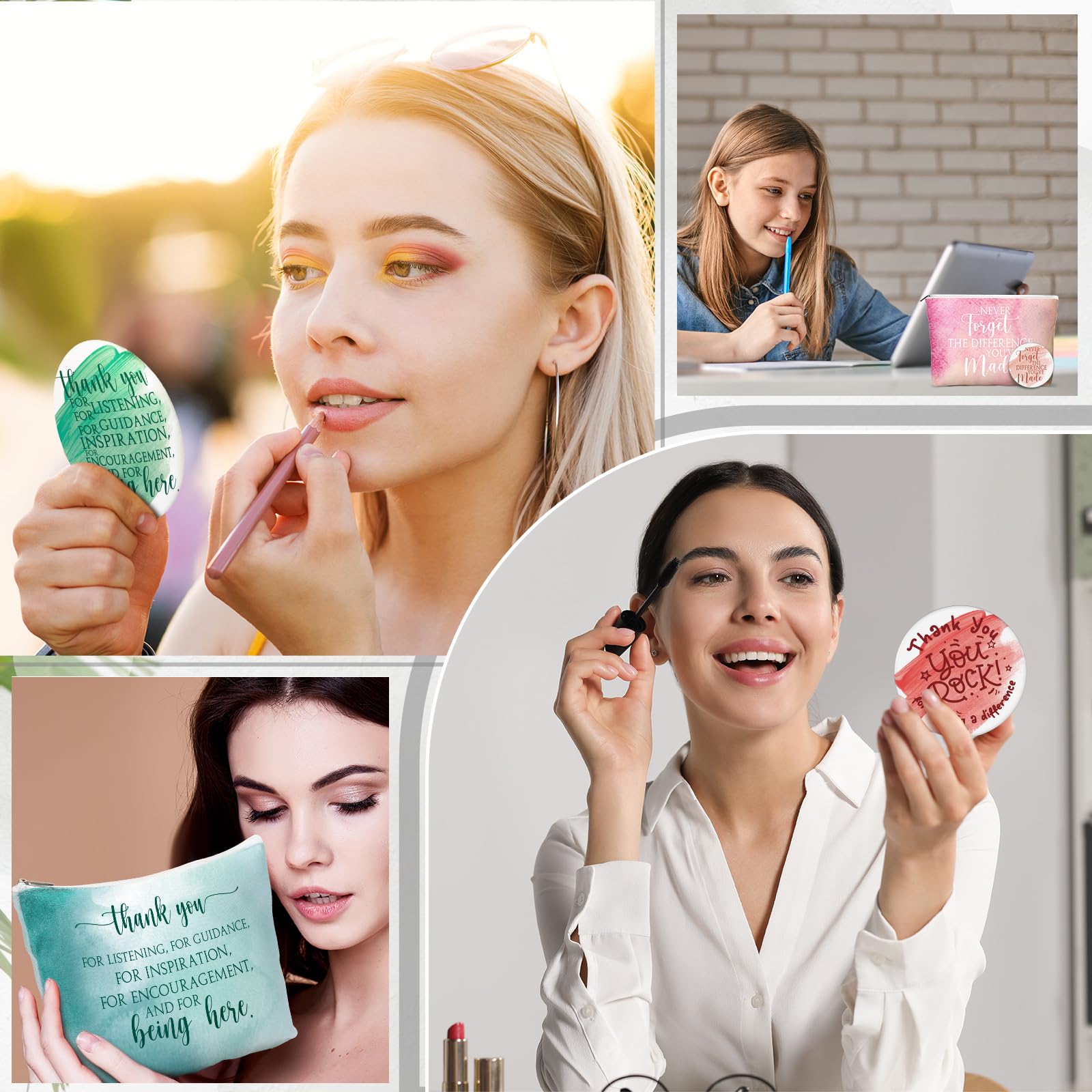 20 Pcs Employee Appreciation Gifts Inspirational Canvas Makeup Bags Compact Mirrors Bulk Cosmetic Bags Round Portable Mirror Thank You Gifts for Women Housekeeping Week (Appreciation)