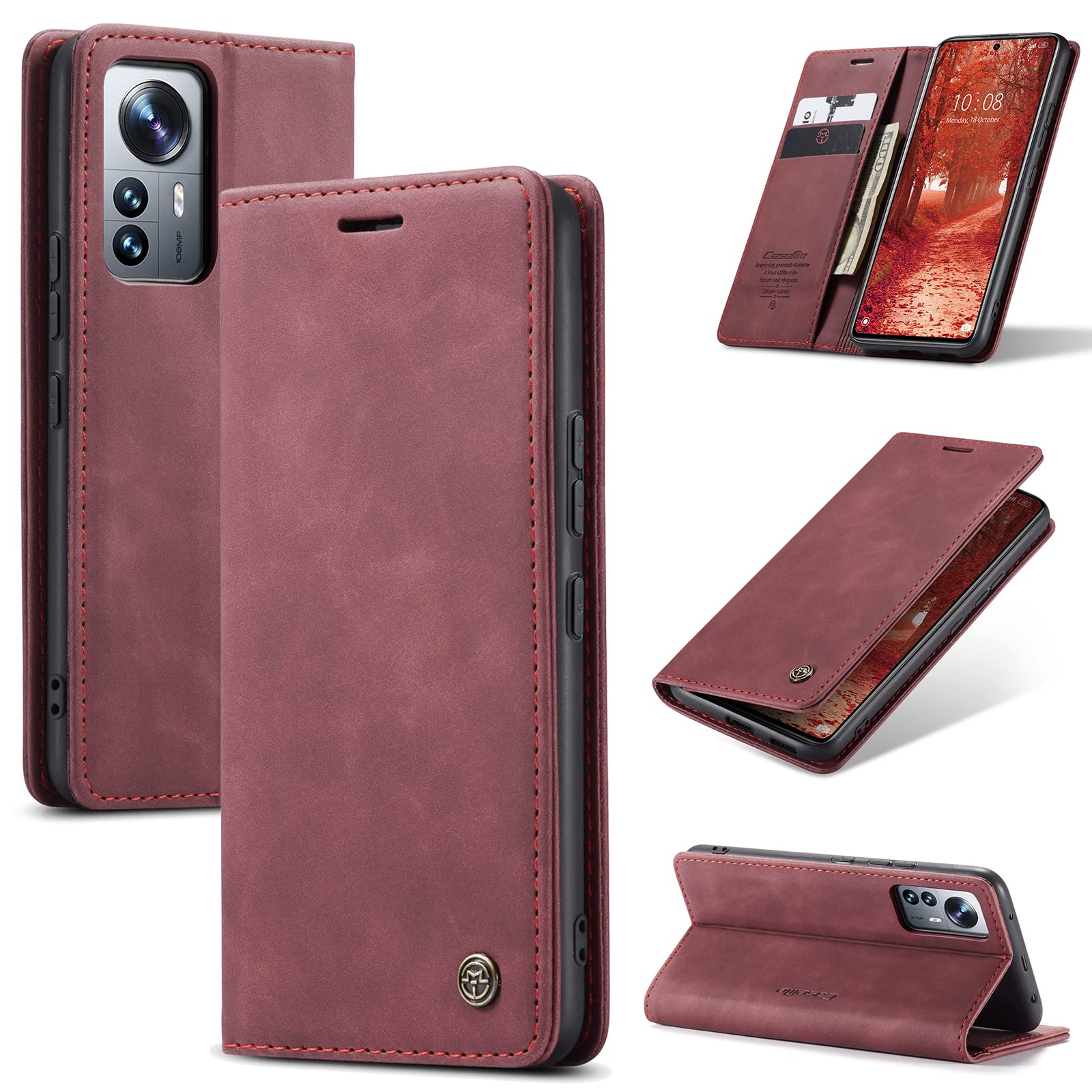 UFinetech Case for Xiaomi 12 Lite, Leather TPU Cover for Xiaomi 12 Lite 5G/ 4G, Flip Magnetic Closure Kickstand Card Holder Wallet Slim Soft Shockproof Anti-scratch Camera Protector Shell 2022, Red