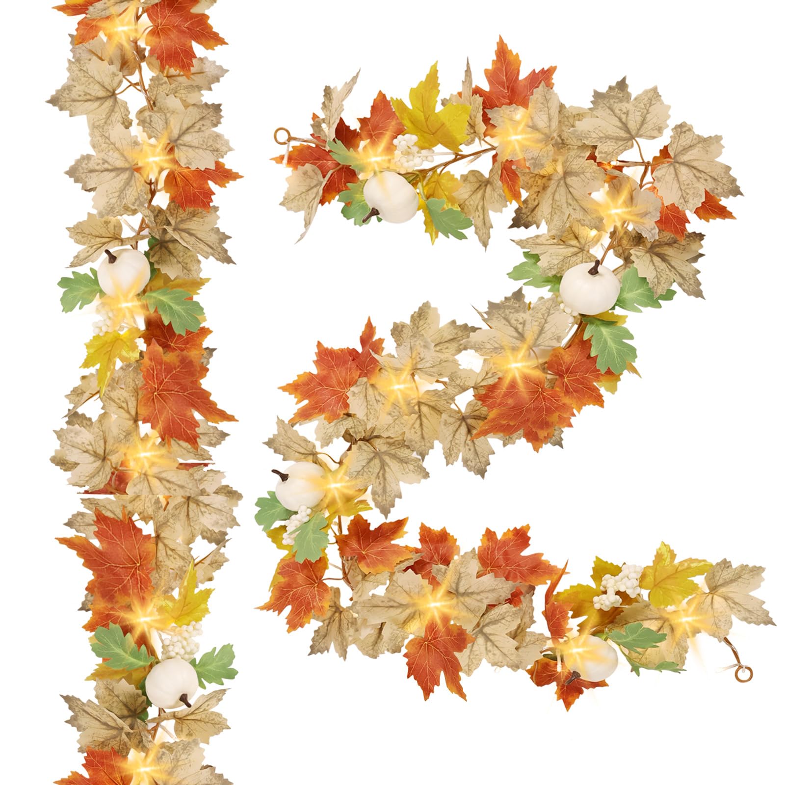 Photo 1 of 2 Pack Fall Leaves Garland with Lights, 5.6FT Lighted Fall Garlands with Pumpkins, Battery Powered Maple Leaf Garland Autumnl Decor, Thanksgiving Fall Decorations for Home Fireplace Table Indoor
