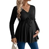 Genhoo Womens Long Sleeve Maternity Tops Ribbed V Neck Maternity Shirts | Ribbed v neck long sleeve maternity shirt, adjustable drawstring ruched bust, peplum hem, fall and winter pregnancy clothes