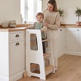 KYWAI Wooden Toddler Tower, 3 Heights, Standing Tower &amp; Kitchen Helper | Anti-tip design with removable safety rail &amp; non-slip steps, reach the sink, counter or bathroom safely, for toddlers 18m-6yr