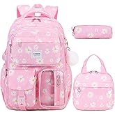 ACESAK Backpack for Girls - Girls Backpack with Lunch Bag & Pencil Pouch for Teen Kids Laptop Backpack for Women, Elementary Middle High School Bookbag Travel Daypack (Pink Daisy)