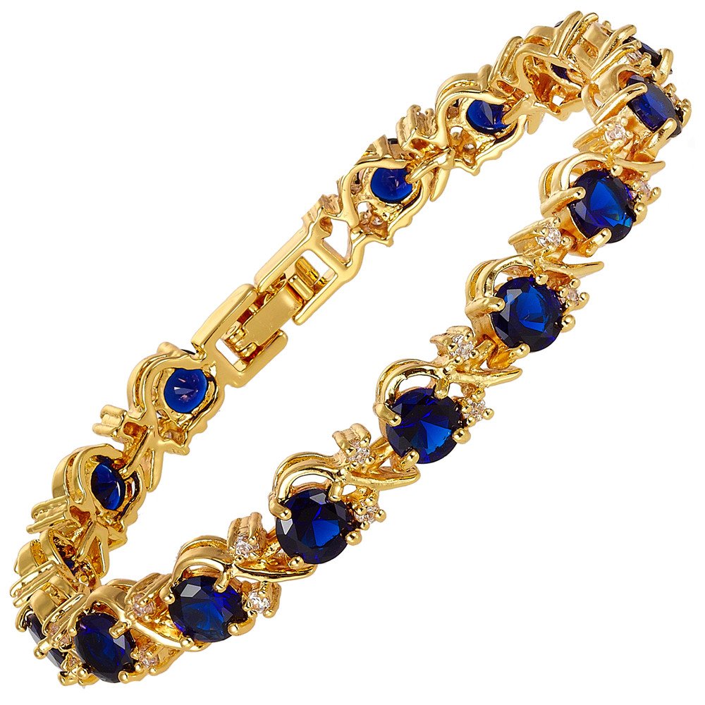RIZILIA Blossom Tennis Bracelet [18cm/7inch] with Round Cut Gemstones CZ [Blue Sapphire] in 18K Yellow Gold Plated, Simple Modern Elegance