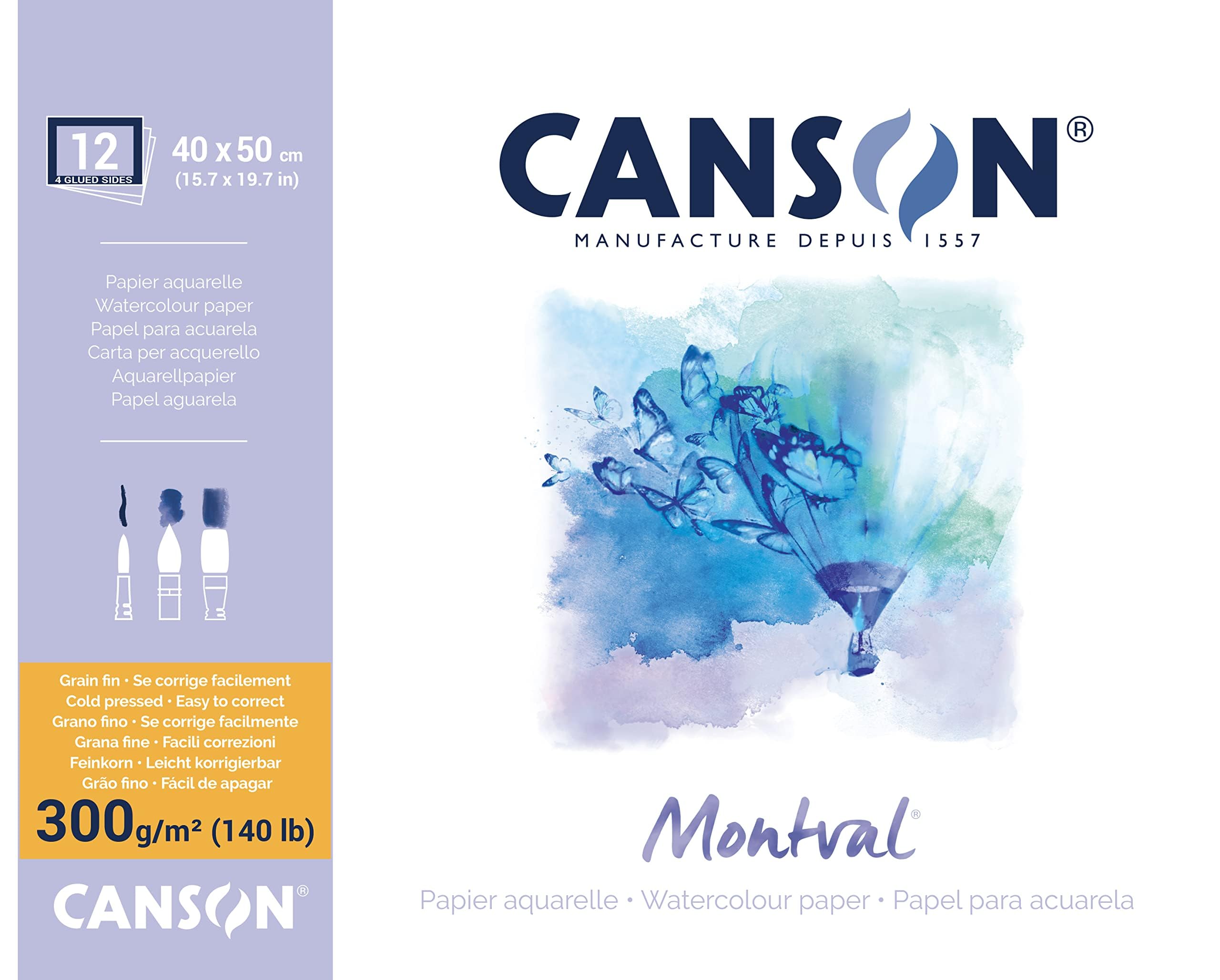 Canson Montval 300gsm watercolour practice paper Block including 12 sheets, size: 40x50cm, natural white and Cold Pressed (Not) textured paper