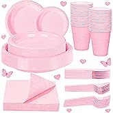 WELLIFE 210 PCS Pink Plastic Plates for 30 Guests - Disposable Dinnerware Set Including Dinner Plates, Dessert Plates, 12oz Cups, Cutlery & Napkins, Pink Party Plates for Valentines and Galentines