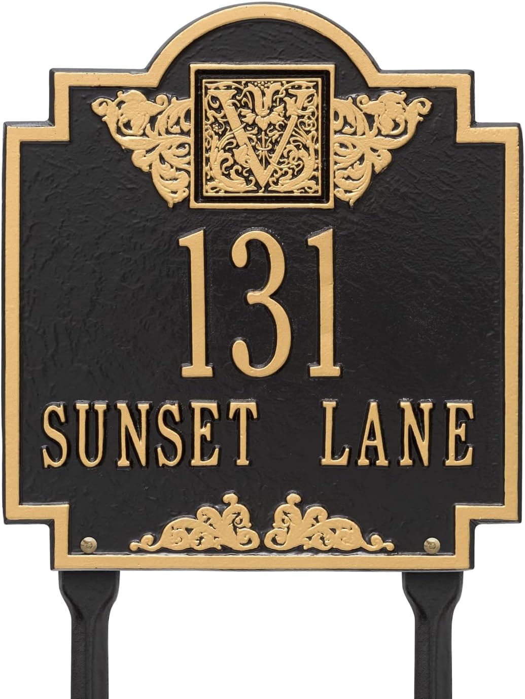 Address Signs - Comfort House Personalized Metal Address Plaque With Monogram Initial, House Number, and Street Name - MADE IN USA Custom Lawn Mounted House Number Sign With Stakes # P2090