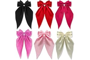Loqpol 6 PCS Silky Satin Hair Bows, Oversized Long Tail Bows with Barrette Clips, Coquette Hair Accessories for Women and Girls (Black-Red-Hot Pink-Pink-L. Pink-Beige)