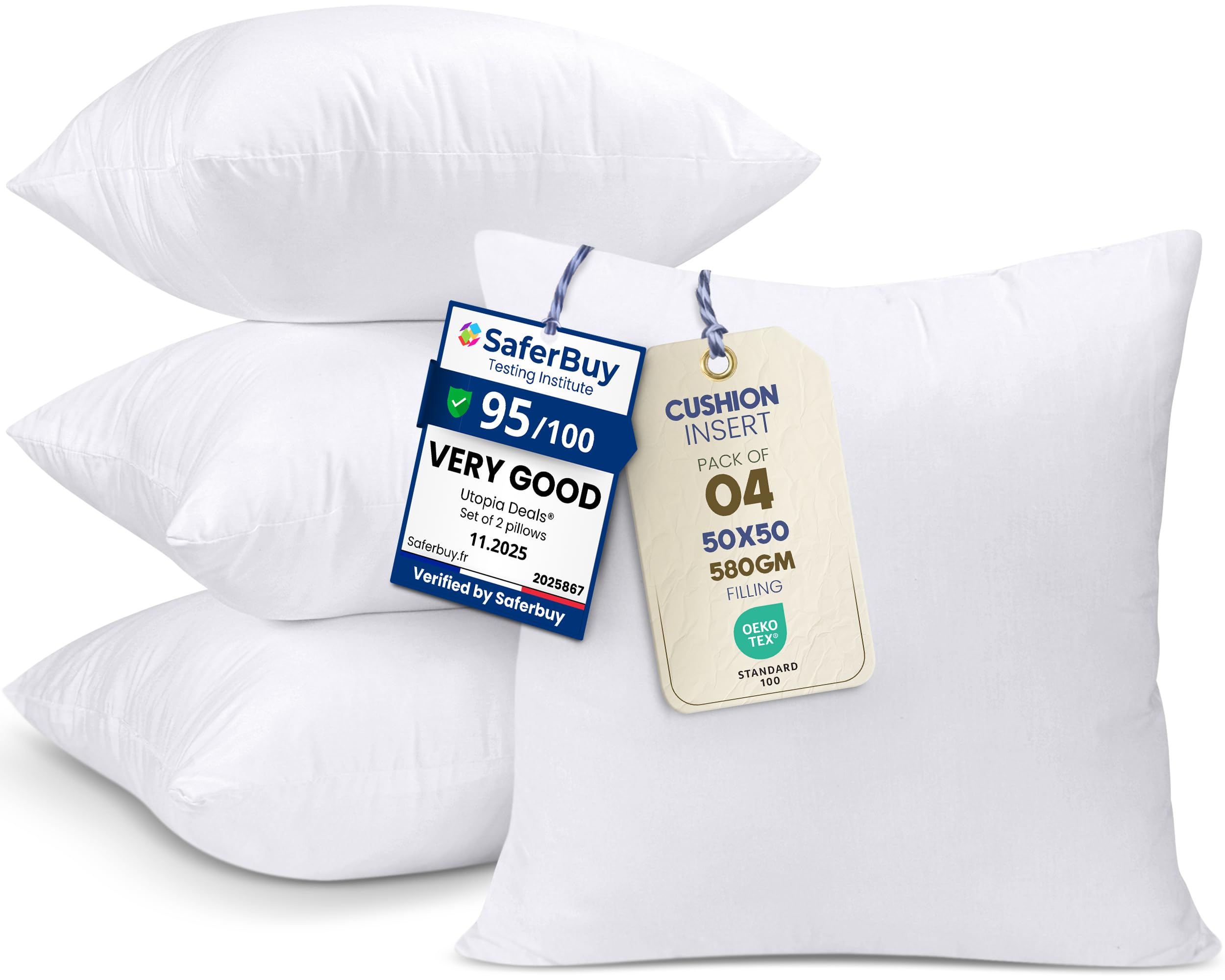 Utopia Bedding Cushion Inserts 50cm x 50cm (20x20 inch) Pack of 4 Hollowfibre Inner Pads for Sofa or Bed – White Cushions Fillers — image 1