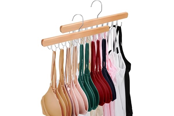 NECAMOCU 2 Pack Tank Top Hanger for Closet Organizer, Premium Bra Hangers | Wooden Bra Holder with 36 Foldable Hooks, 360° Ro