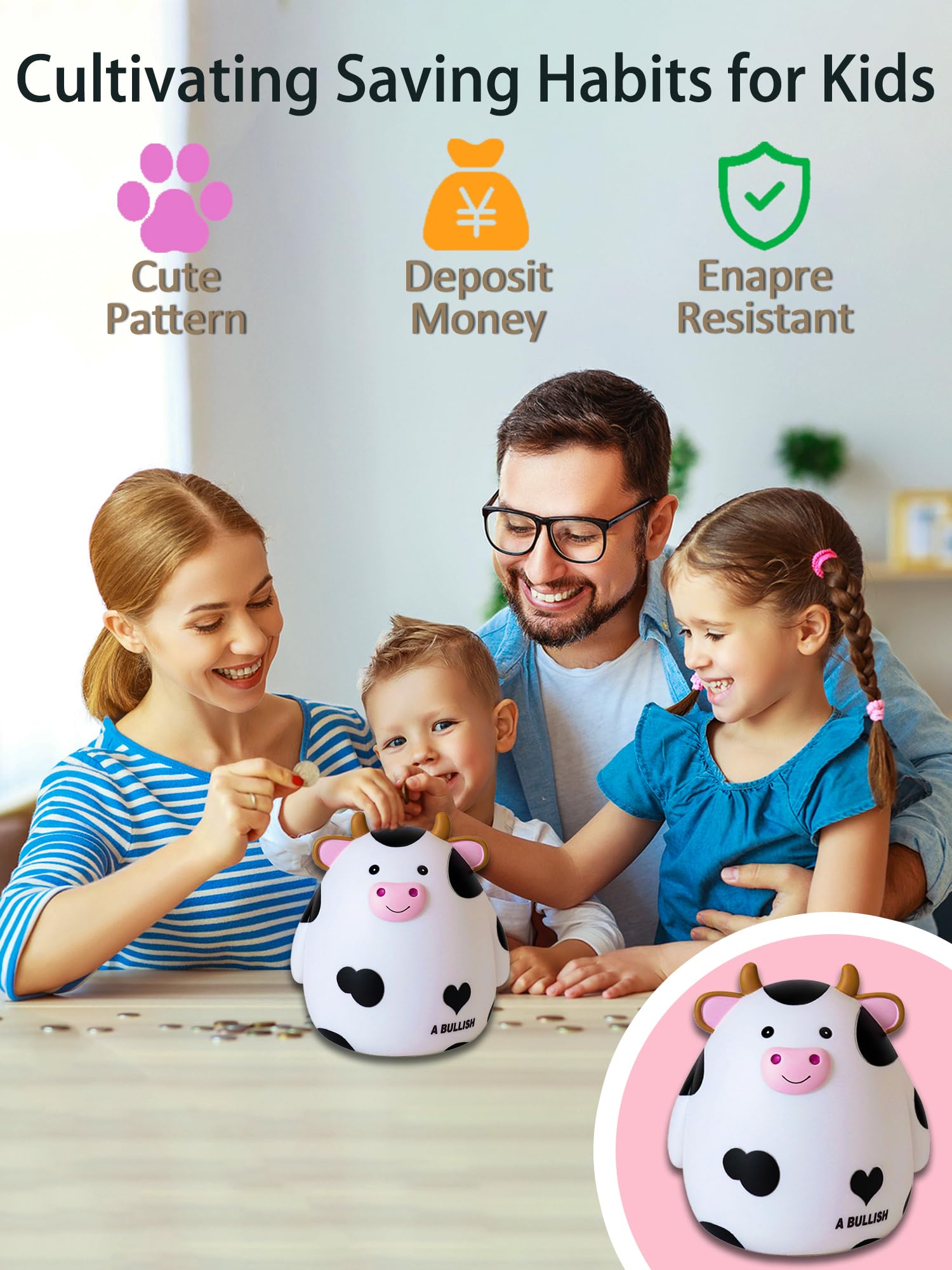 Piggy Bank, Unbreakable Plastic Money Bank, Piggy Bank for Girls and Boys Medium Size Cow Banks Perfect Baby Girl Nursery Décor Practical Gifts for Birthday Easter Christmas(White)