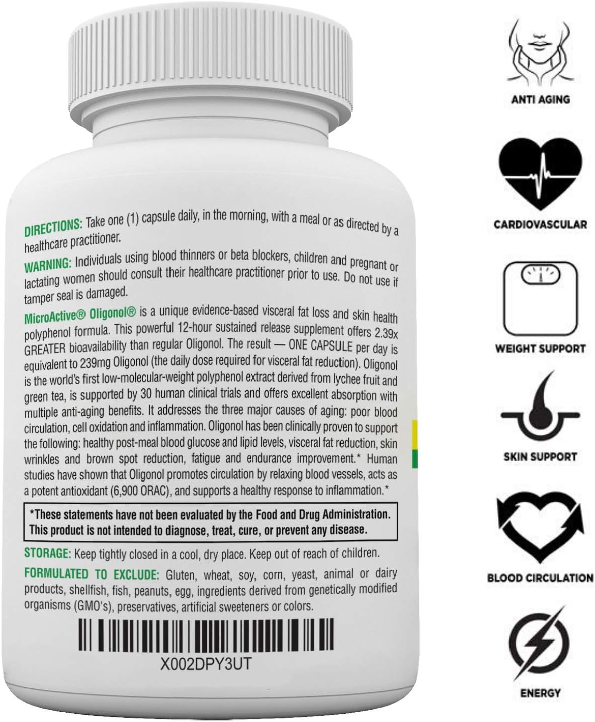 MicroActive Oligonol “Sustained Release” 60 Veg Caps | 2 Month Supply and 2X More BioAvailable | Clinically Proven for Fat Reduction & Skin Health | Supports Cardiovascular Health | Vegan: Health & Personal Care