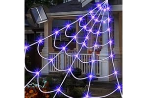 LIVEASILY Outdoor Solar Powered Halloween Decorations Spider Web Lights, 14.8 x 16.4 FT Triangular White Spider Web with 135 LED Purple Lights, Large Size Solar Halloween Decor (Purple)