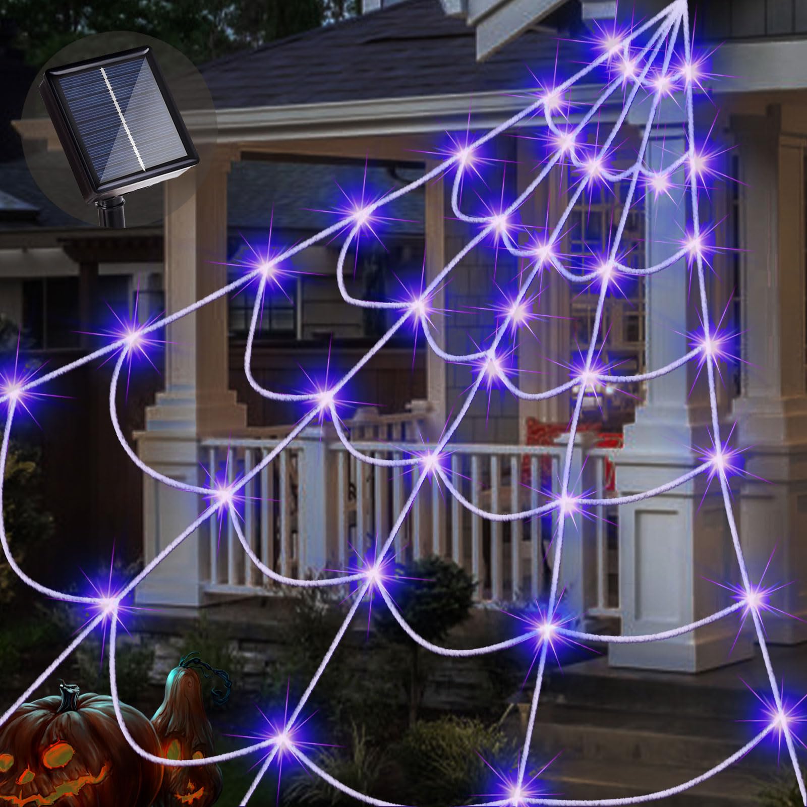 Photo 1 of Outdoor Solar Powered Halloween Decorations Spider Web Lights, 14.8 x 16.4 FT Triangular White Spider Web with 135 LED Purple Lights, Large Size Solar Halloween Decor (Purple)