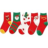 PAPPNTI 5 pairs Christmas Socks Kids Cartoon Printed Xmas Socks Toddler Baby Holiday Festival Socks Children's Santa Socks