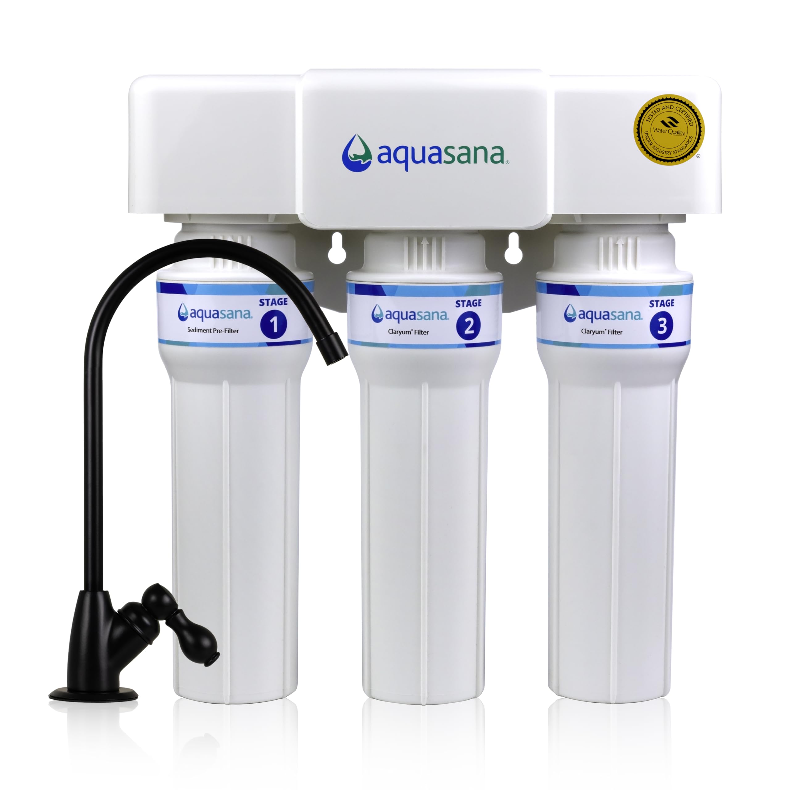 Aquasana Under Sink Water Filter | Certified 3-Stage Max Flow Filtration | Reduces up to 99.99% of PFAS, Lead, Chlorine, & More | Under Counter Drinking Water Filter | Matte Black Faucet | AQ-6300M-MB