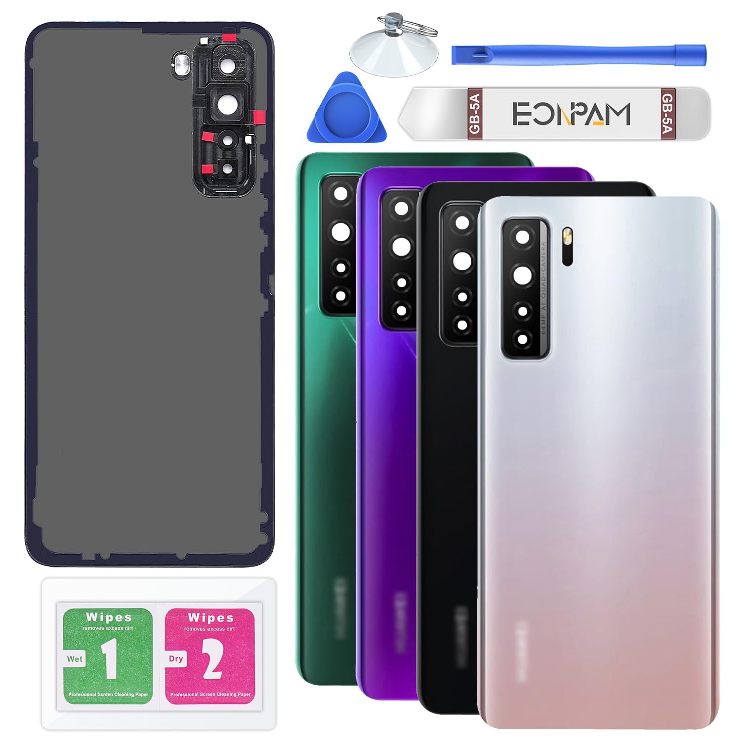 Eonpam Back Cover Glass for Huawei P40 Lite Rear Glass Replacement with Camera Lens + Repair Kit Genuine Rear Housing（Silver）