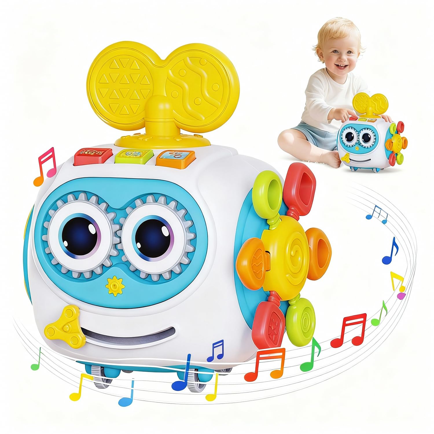 MoraBaby Robot Musical Busy Cube for Toddlers 1-3 Years Old, Montessori 6-in-1 Activity Cube with Lights & Sounds, Wheels for Tummy Time & Crawling Training, Birthday Gifts for Baby boy & Girl