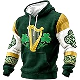 LVOFTJU St Patricks Day Hoodies for Men 2026 Irish Shamrock Clover Waffle Graphic Pullover Casual Shirt Holiday Outfit