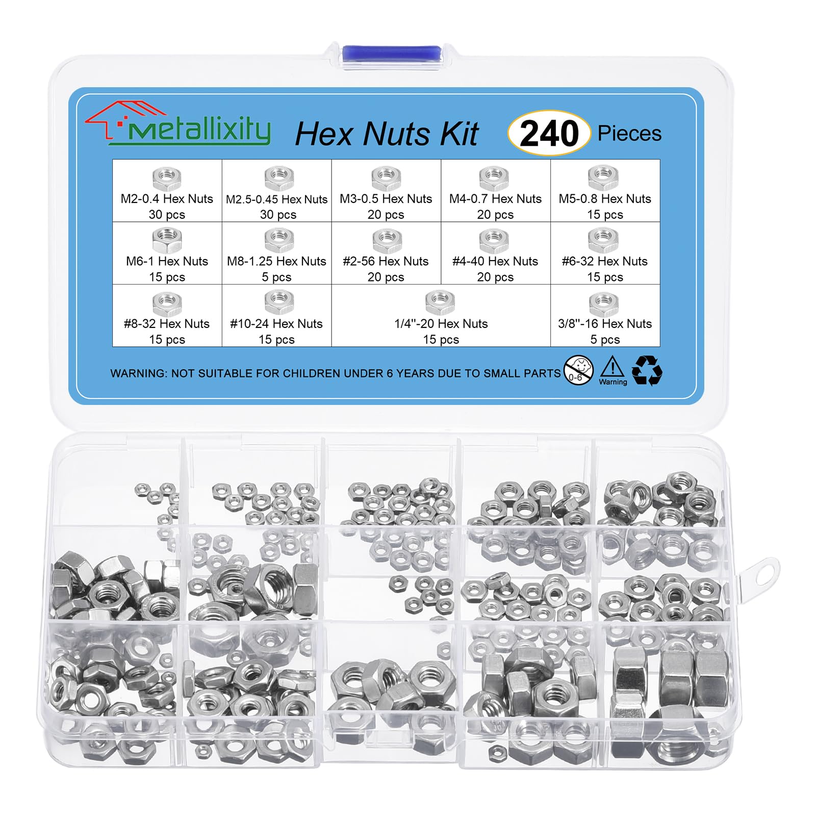 METALLIXITY Hex Nuts Assortment Kit (M2 M2.5 M3 M4 M5 M6 M8#2-56#4-40#6-32#8-32#10-24 1/4"-20 3/8) 240Pcs, 304 Stainless Steel Hexagon Nut Hardware