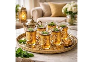 Turkish Style Tea Glasses Set of 6, Clear Glass with Gold Decorative Pattern, Handled Cups with Pedestal Base,Gift,Set de thé