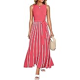 ZESICA Women's Summer Sleeveless Maxi Dress 2026 Crewneck Ribbed Knit Tie Waist Casual A Line Sweater Dresses