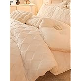 hadamick Tufted Fleece Comforter Set Queen - Super Soft Warm Fluffy Shaggy Bedding Sets, Diamond Plaid Jacquard Bed Set for Winter, 1 Sherpa Comforter with 2 Pillow Cases (90"X90" Ivory White)