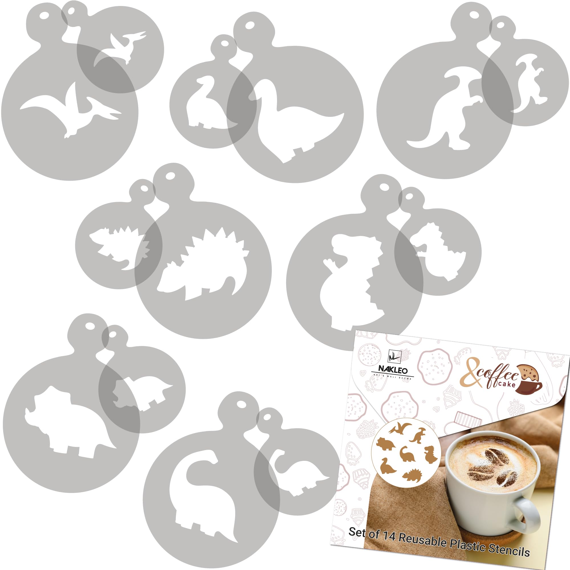 NAKLEO Coffee Stencils and Cookies Decoration 14Pcs 7x7 and 11x11cm, Reusable Plastic Baking Templates, Dinosaurs Dino, Barista DIY Art Craft, Capuccino Latte Chocolate Cake Biscuit Kitchen