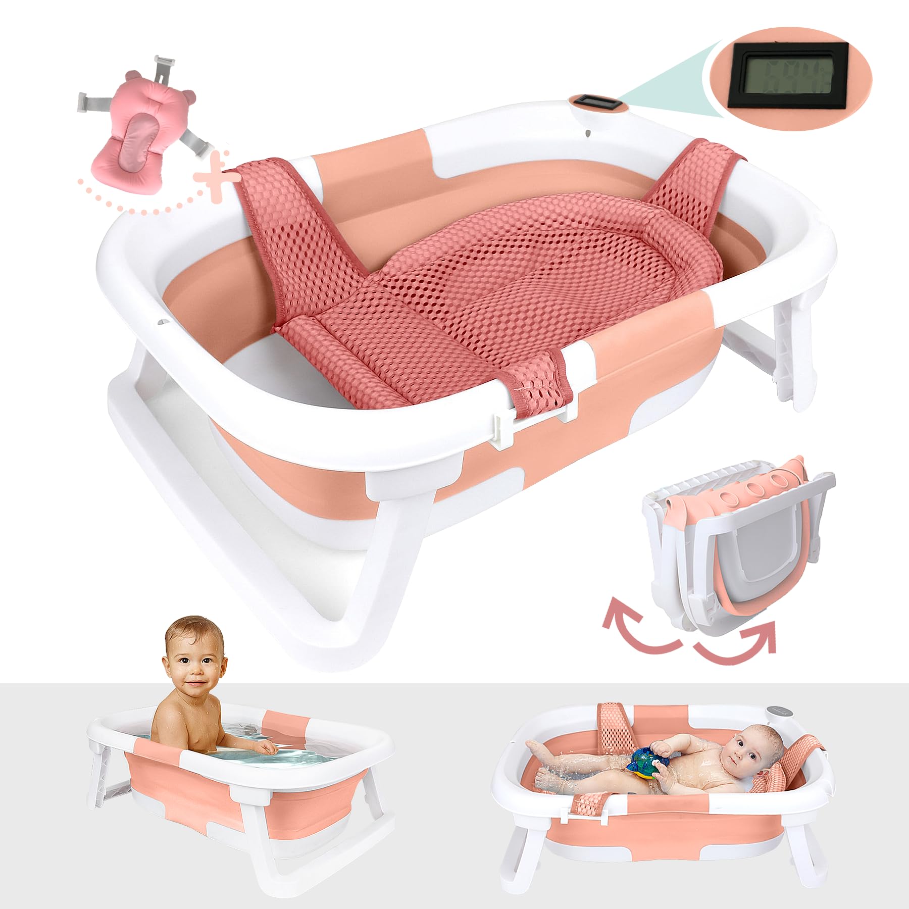 Photo 1 of BEBELEH™ Collapsible Baby Bathtub with Thermometer – Bathtub + Baby tub Sling + Newborn Sling – Baby Bathtub Newborn to Toddler 0-24 Months – The Ultimate Baby Bath tub! (with Thermometer,Pink)